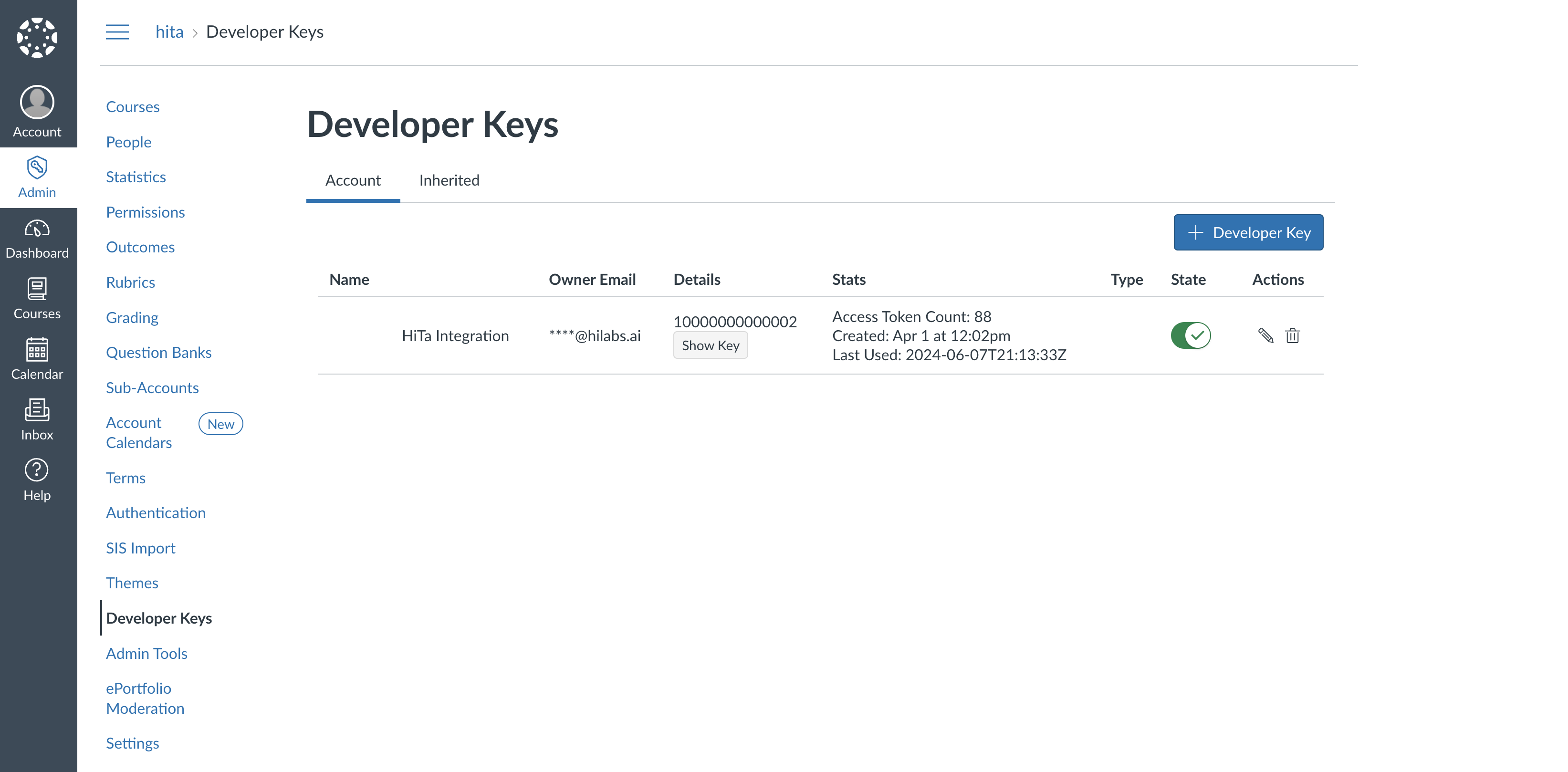 View Canvas Developer Key