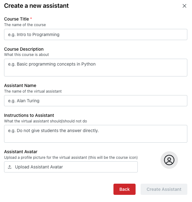 Form modal for creating a new assistant with fields for title, description, name, instructions, and avatar
