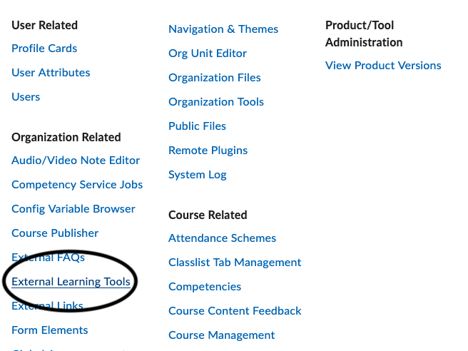 D2L settings with External Learning Tools tab