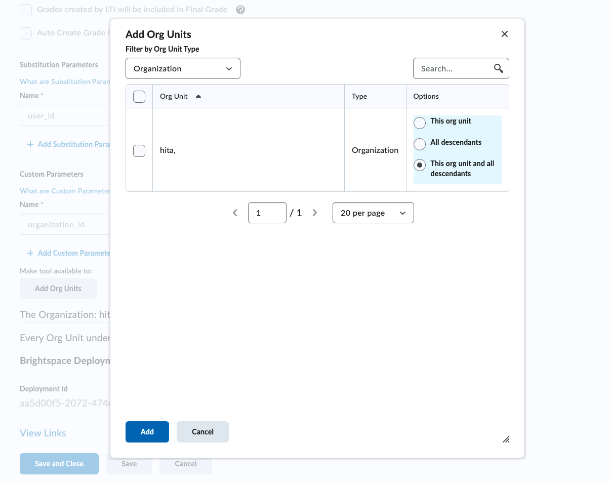 Add Org Units dialog with organization filter and descendant options