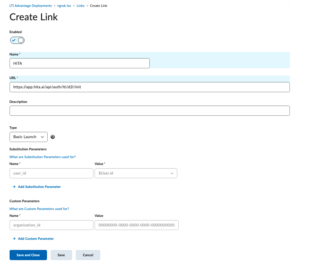 Create Link form with HiTA configuration and Basic Launch type