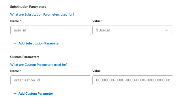 Deployment parameters showing substitution and custom parameters