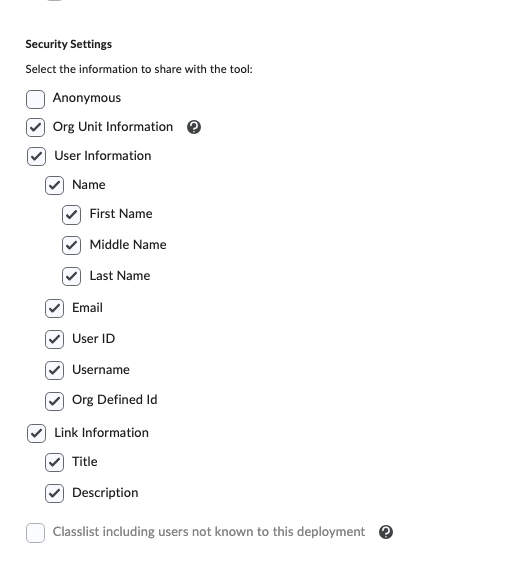 Security settings with required checkboxes selected