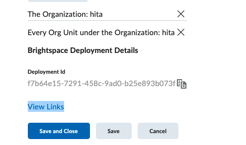 External Learning Tools page with View Links option