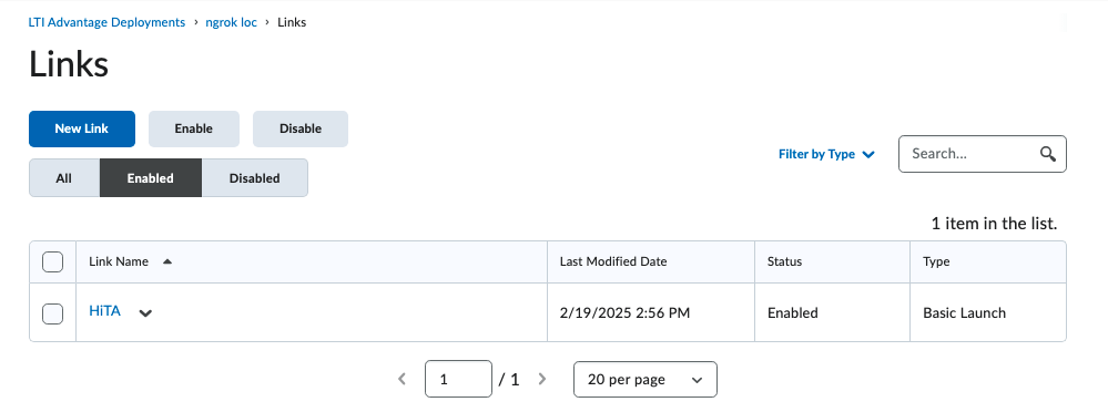 Links page with New Link button