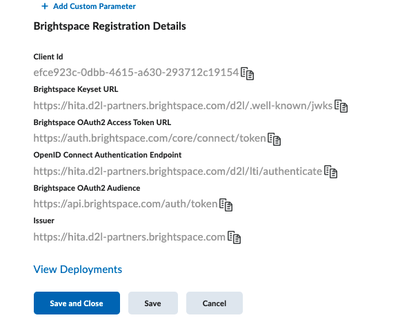 LTI tool registration details and configurations exposed by Brightspace