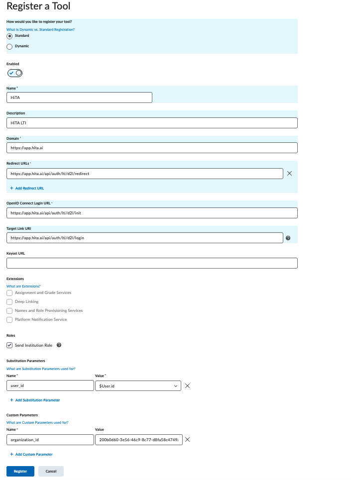 LTI tool registration form with HiTA configuration details filled in