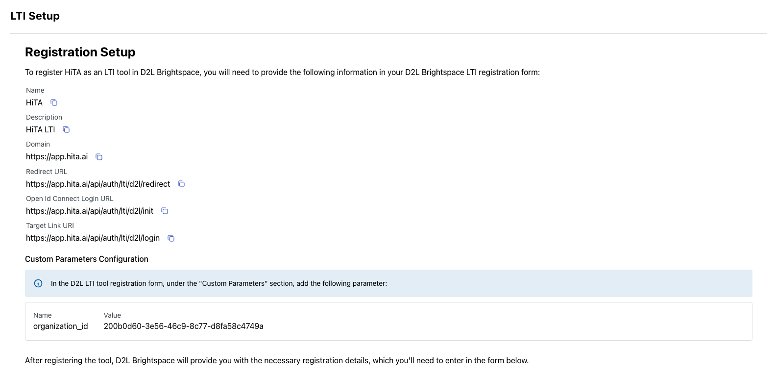 D2L LTI registration setup page with registration details