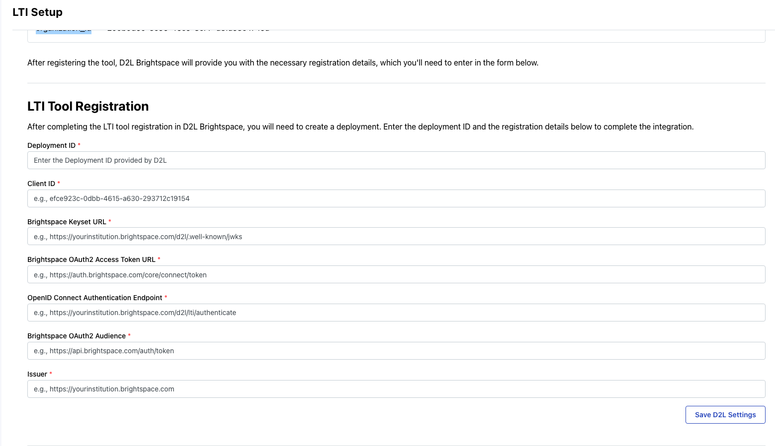 HiTA LTI Setup page with D2L settings and Save D2L Settings button