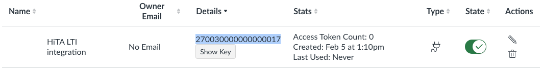 Developer Keys page with State toggle to enable the key