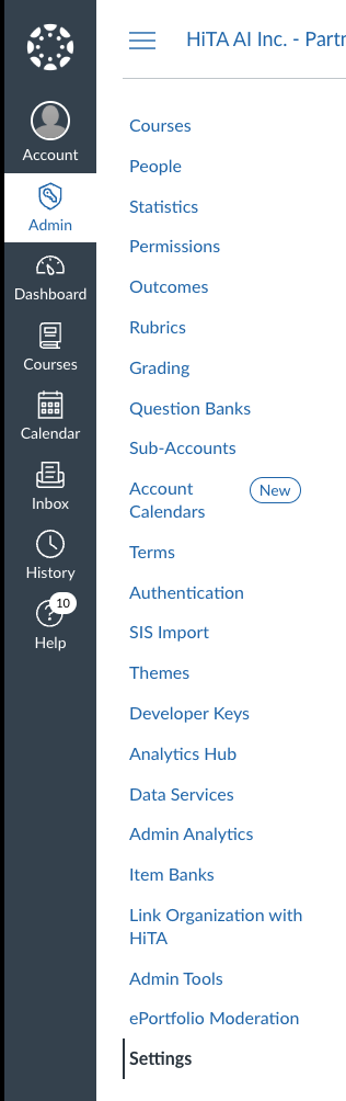 Admin tab with Settings option selected