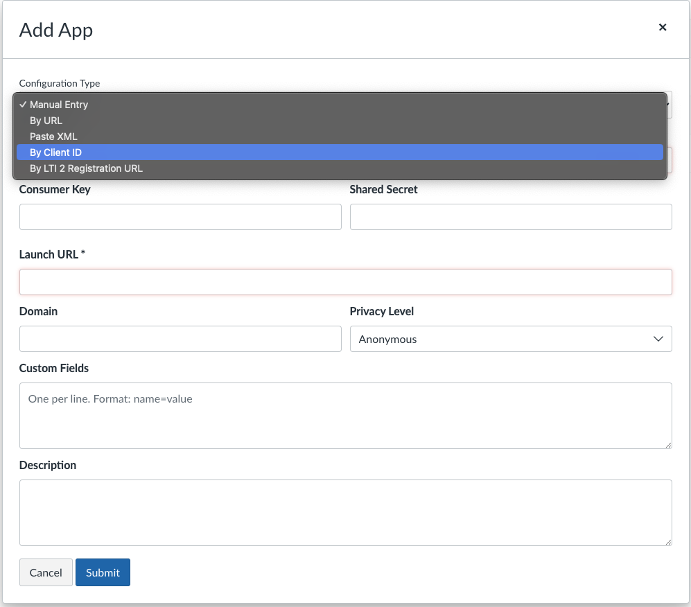 Add App modal with Configuration Type dropdown