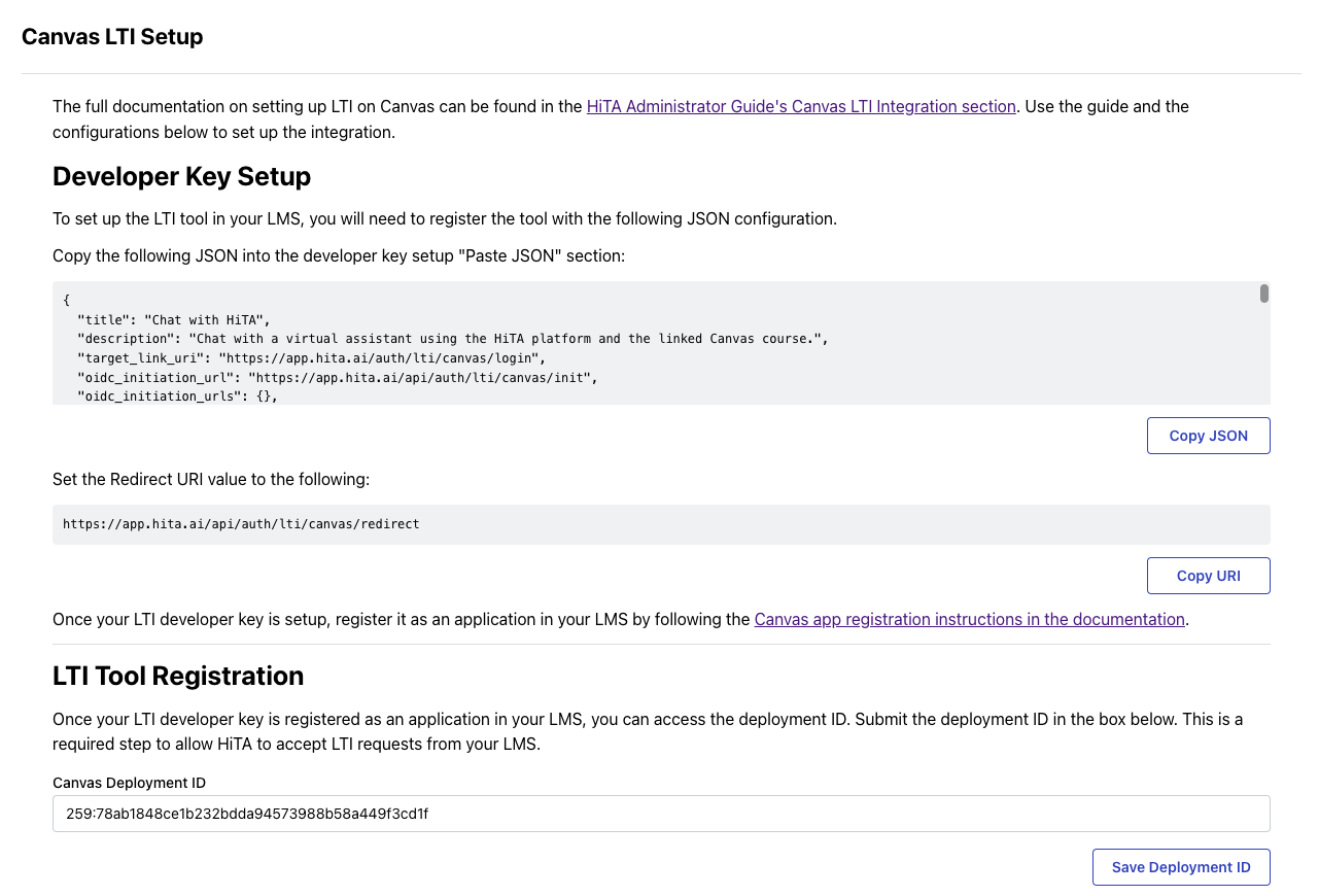 Canvas LTI Setup page with Canvas Deployment ID input field and Save button
