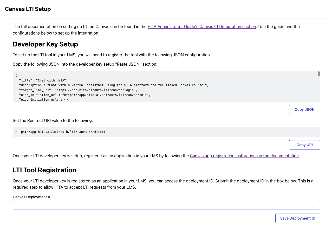 Canvas LTI Setup page with Copy JSON and Copy URI buttons