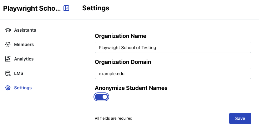 Organization settings page with fields for organization name, domain, and anonymize student names toggle