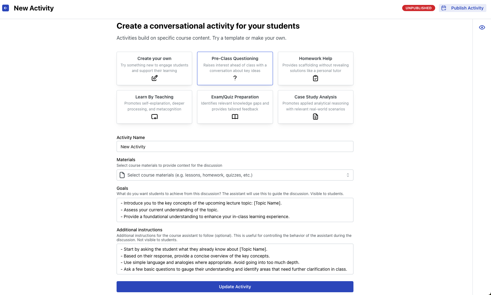 Activity edit form with template settings and Update/Publish buttons