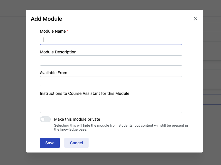 modal for module addition