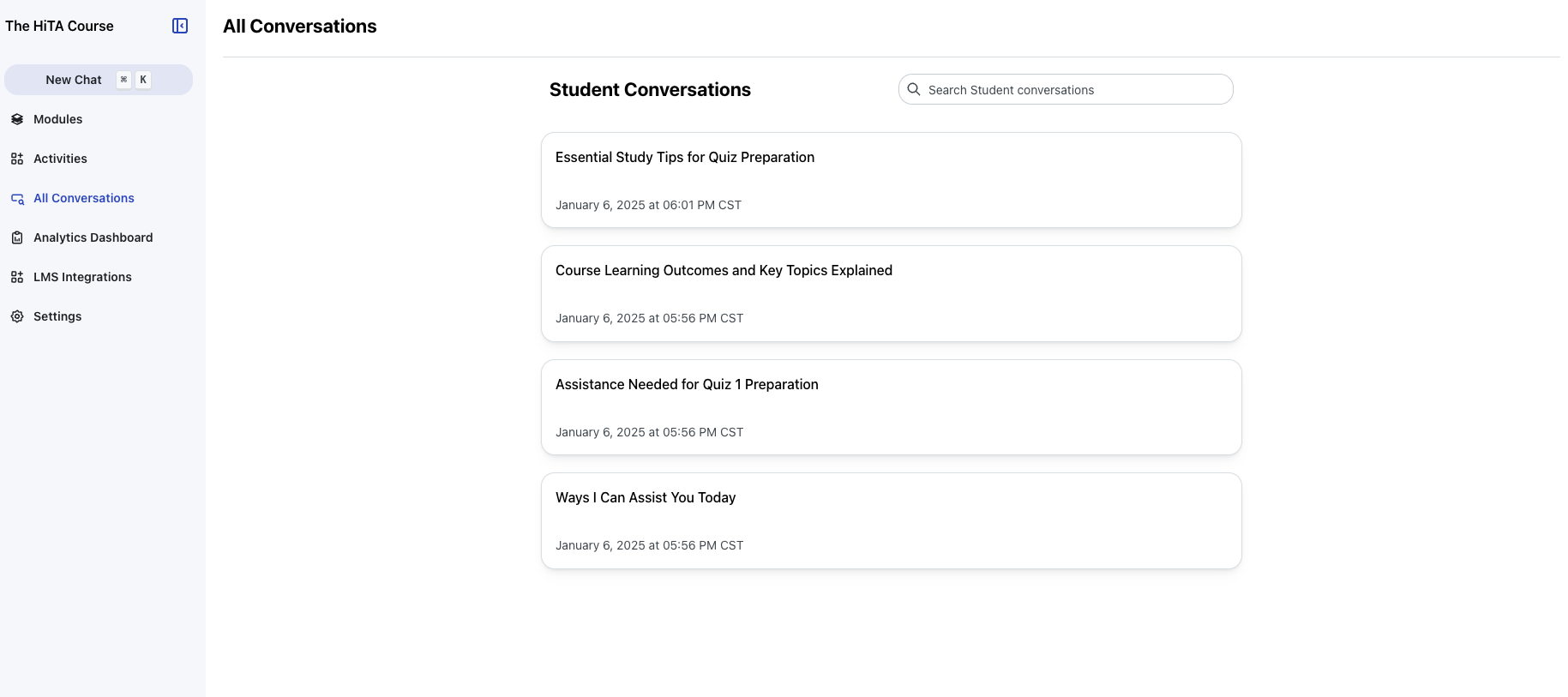 All conversations view showing student conversations