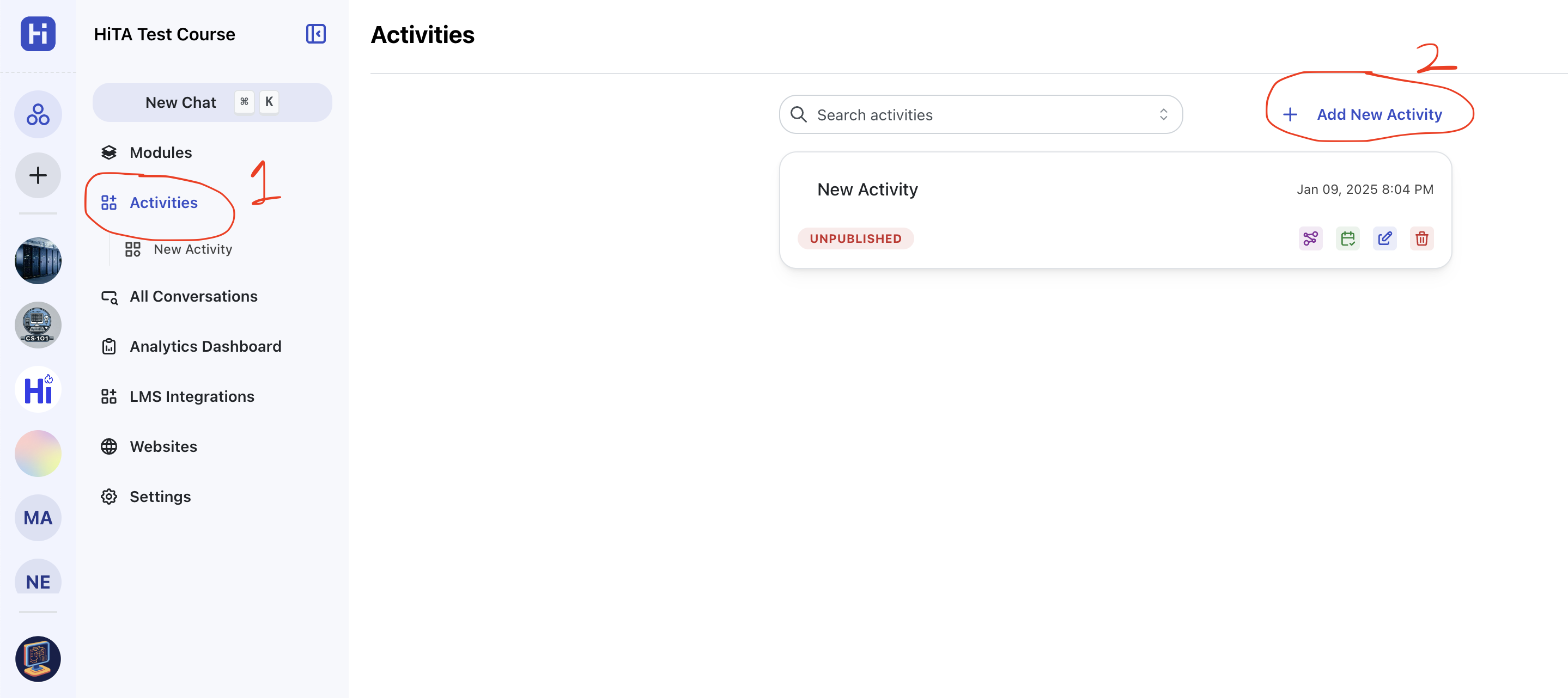 Activities page with Add New Activity button