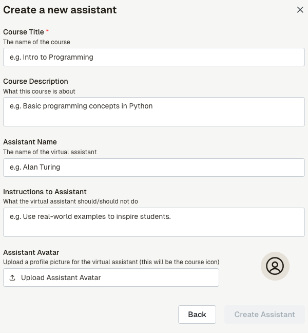 The course assistant configuration options for creation