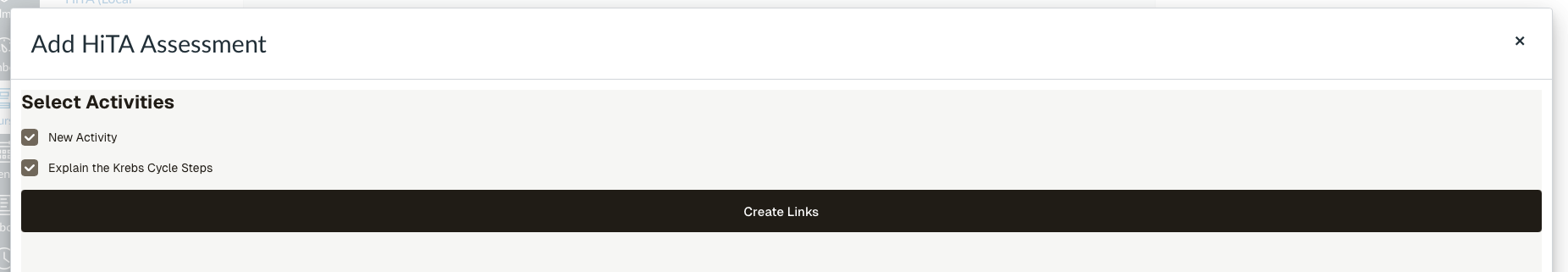 Canvas deep-linking interface showing list of activities to link to