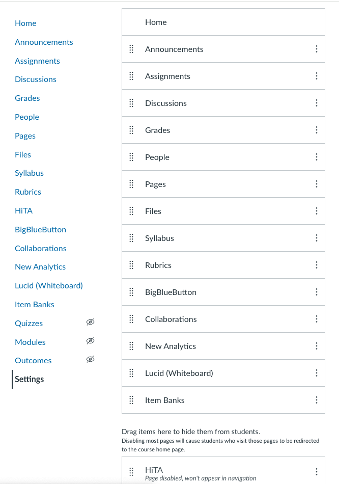 Canvas navigation settings showing HiTA button that can be dragged to enabled list