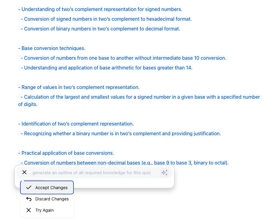AI generated text with accept/discard/retry options