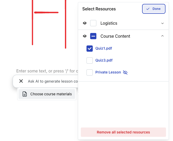 AI generation resource selection dialog with Done button
