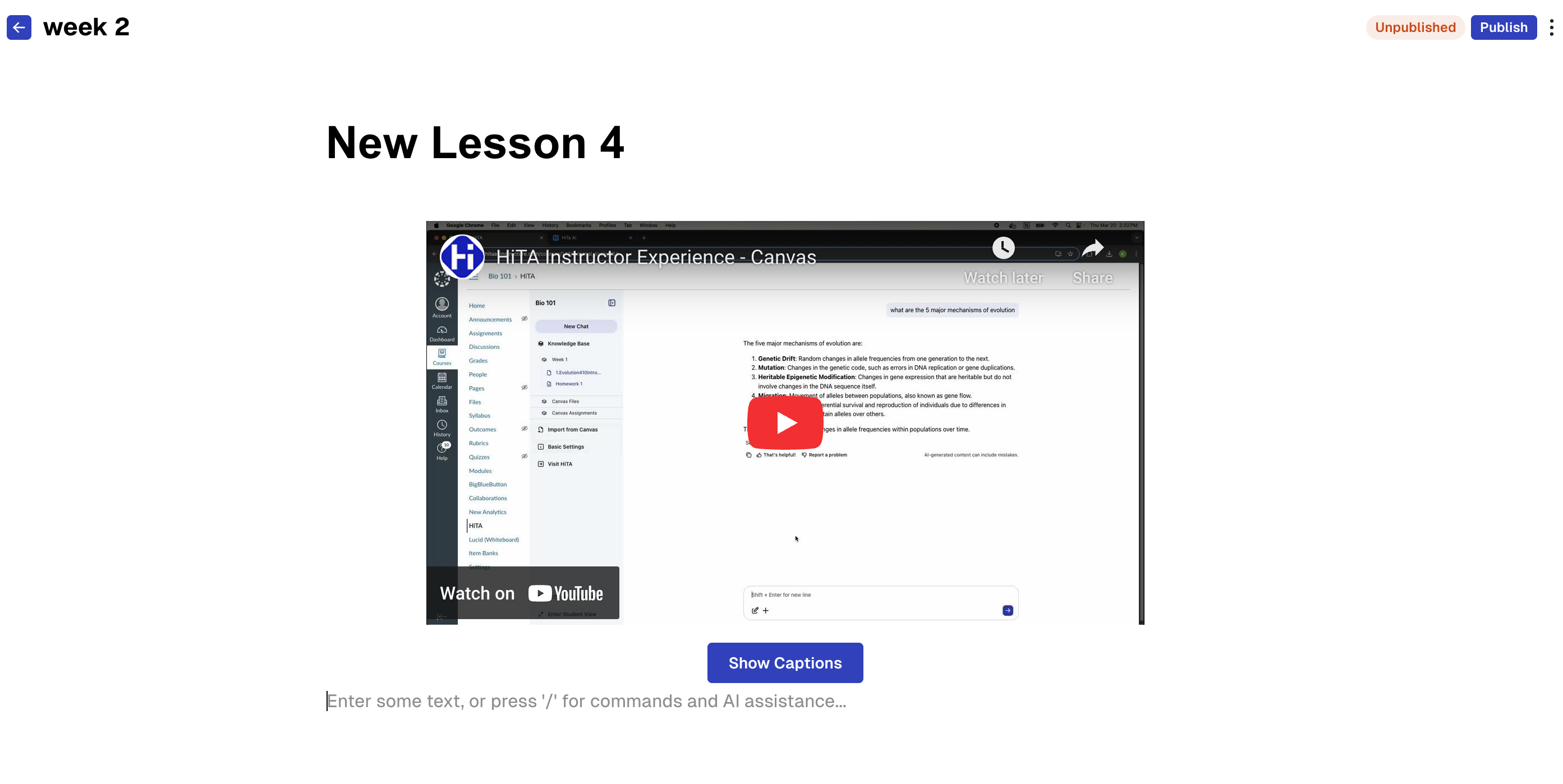 Lesson with embedded YouTube video and captions