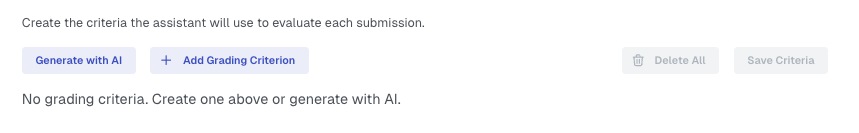 Empty grading criteria builder with AI generation button.