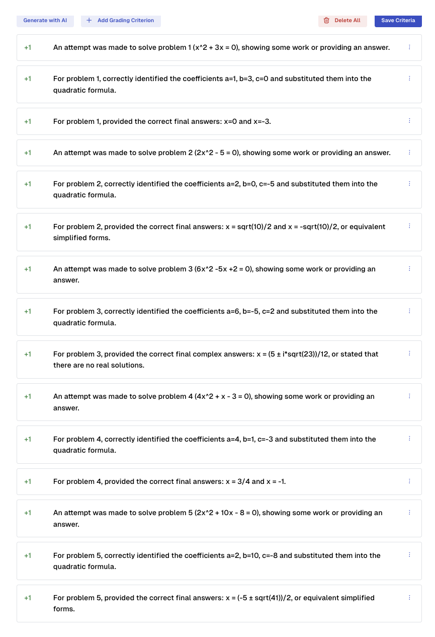 Grading criteria for the math worksheet worth 15 points that align with Maria's goals.