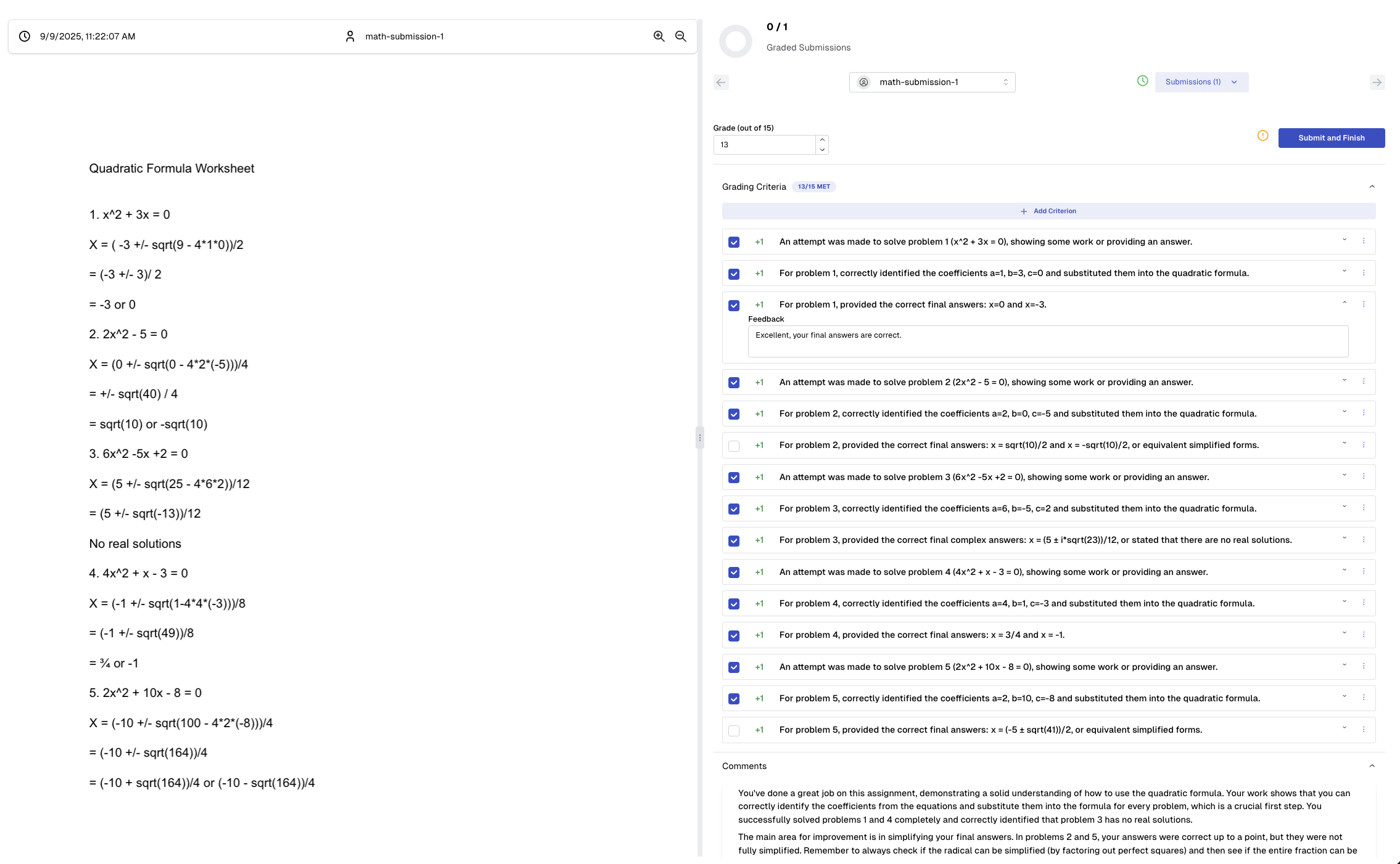 Grading view for math worksheet with AI selections