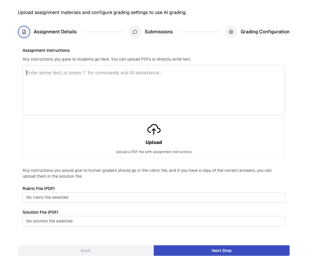 External assignment configuration wizard step 1 with fields to upload assignment instructions, rubrics, and
answer keys