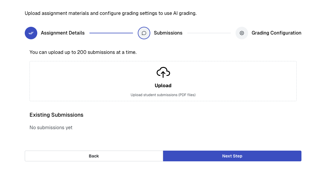 External assignment configuration wizard step 2 with an input
to upload submissions