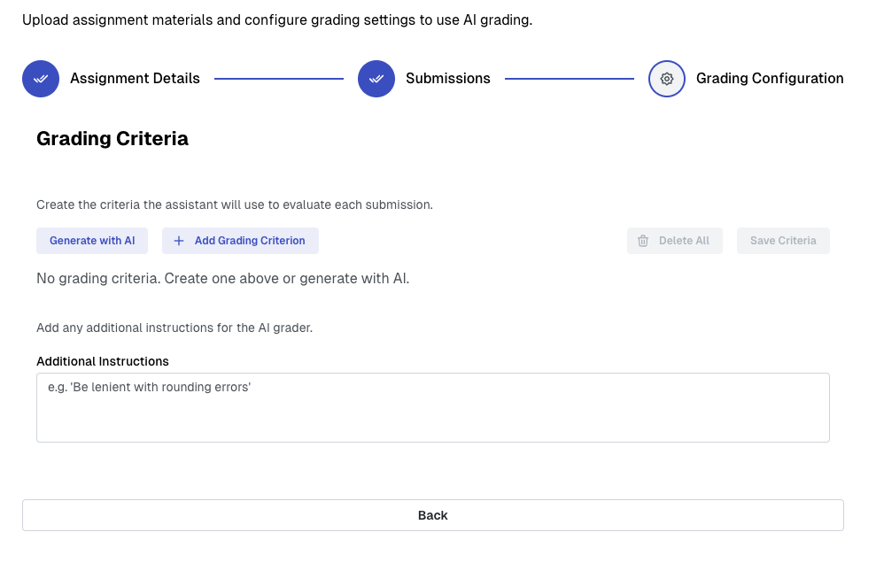 External assignment configuration wizard step 3 with an
interface to generate grading criteria and field for additional
instructions.