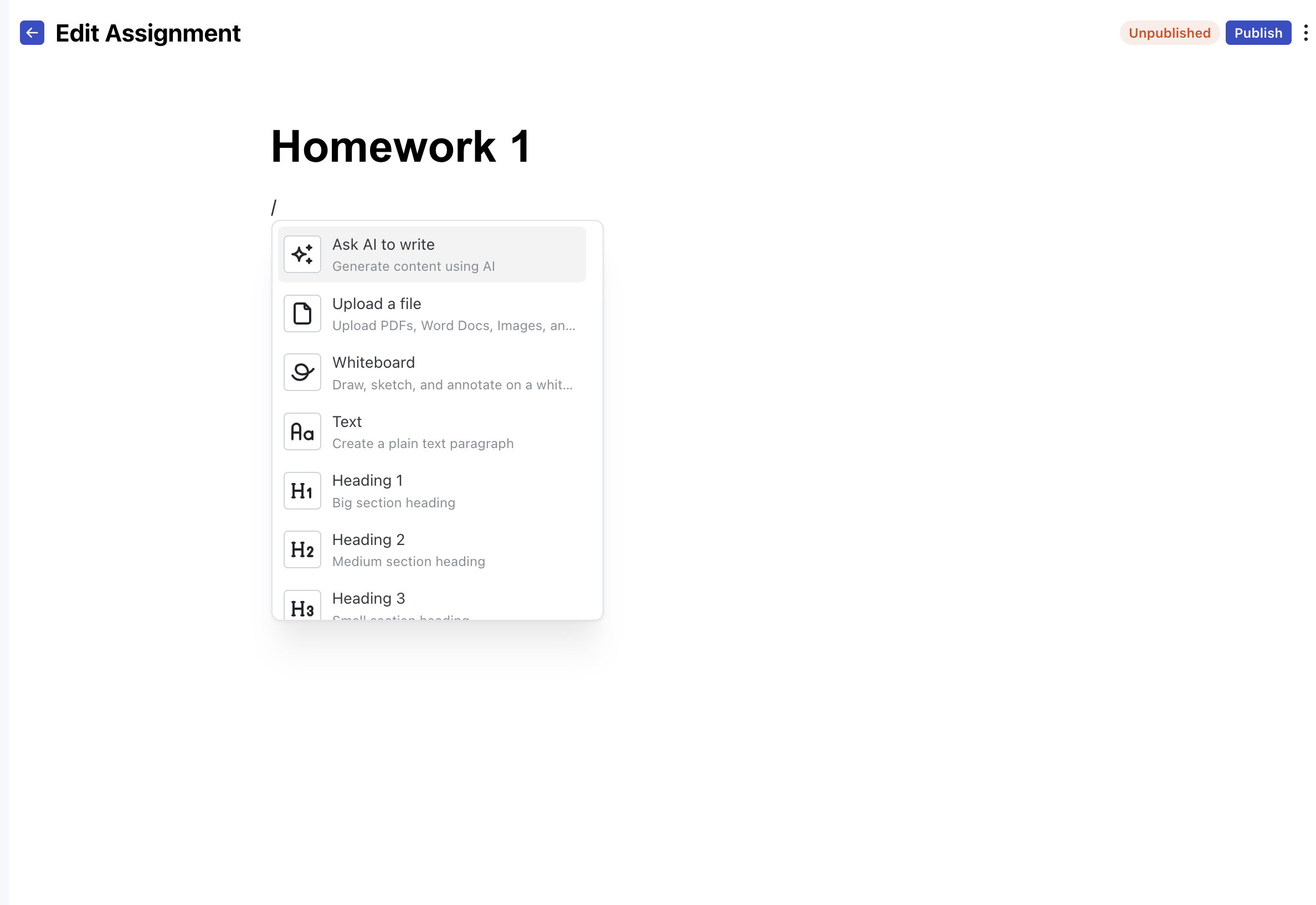 The empty internal assignment editor