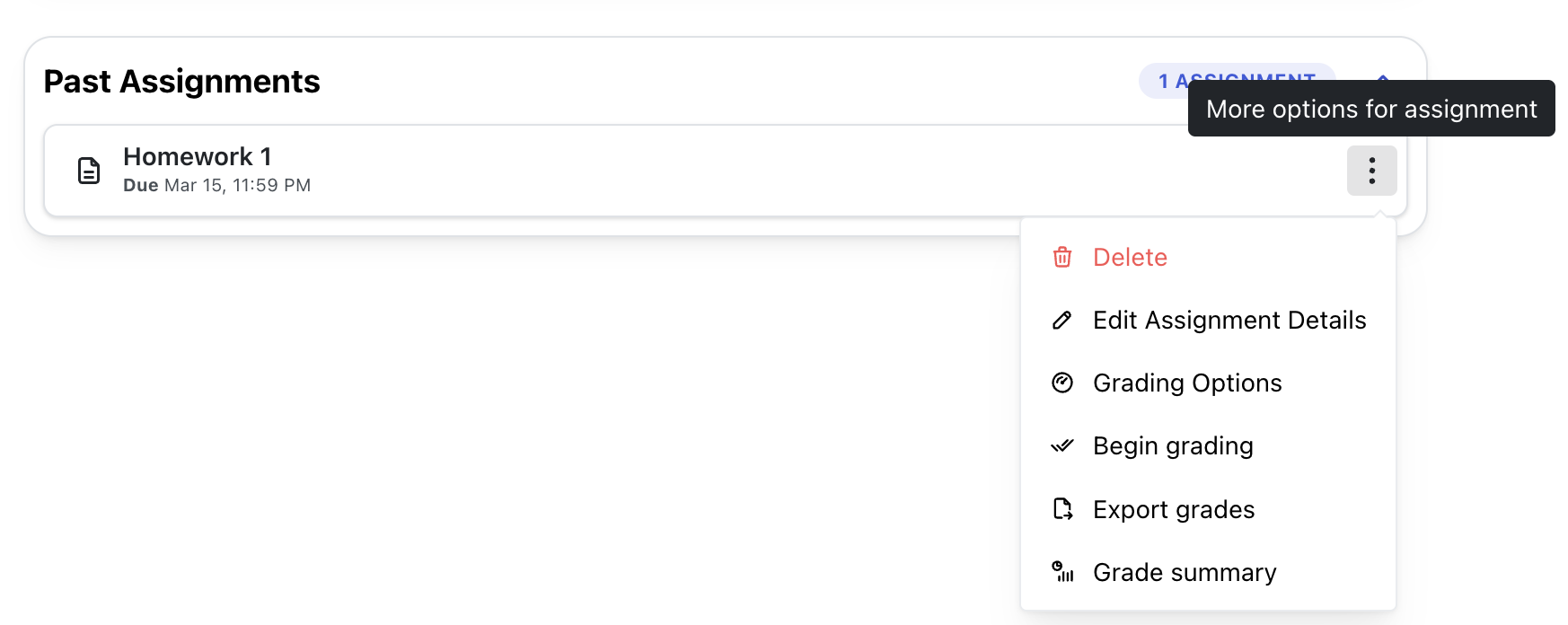 Assignment options menu