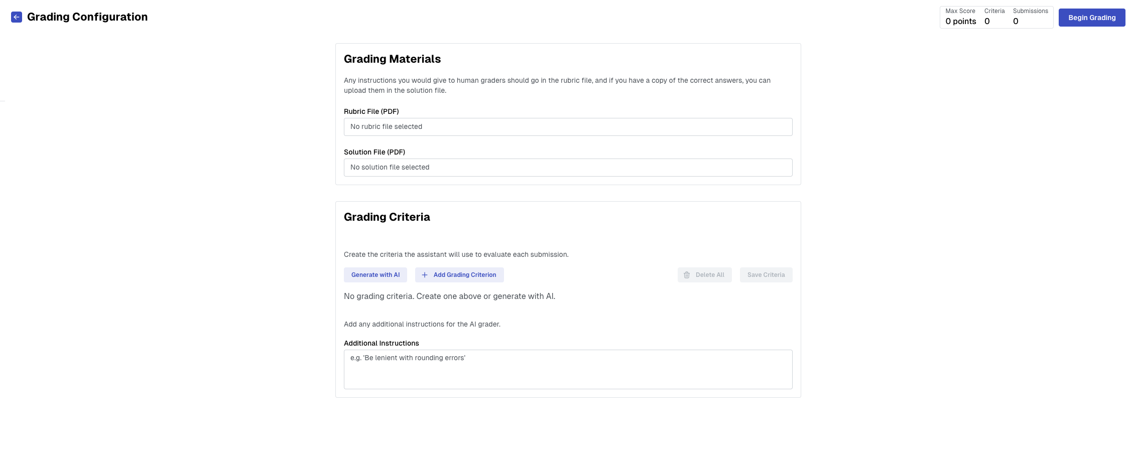 The internal assignment grade config page with options to upload materials and manage
grading criteria