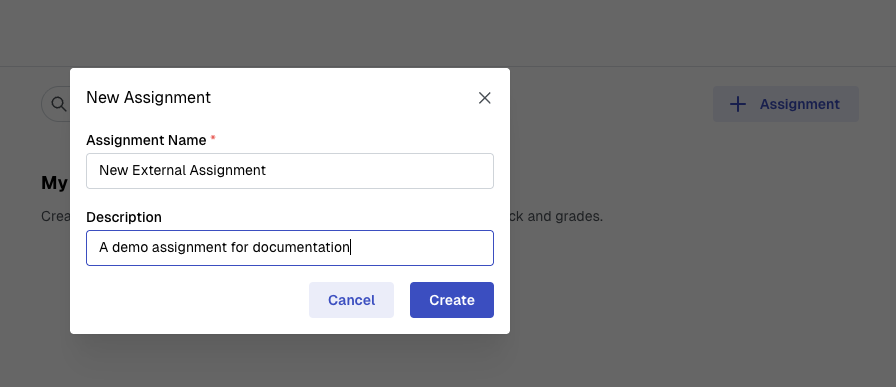 New external assignment form with prompts for assignment name and description
