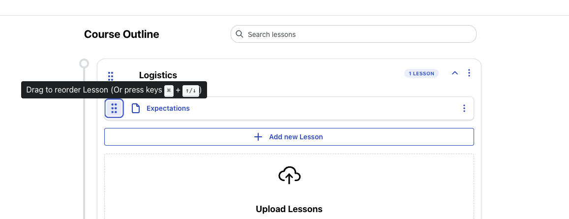 Module with drag icon and hover tooltip showing keyboard shortcuts