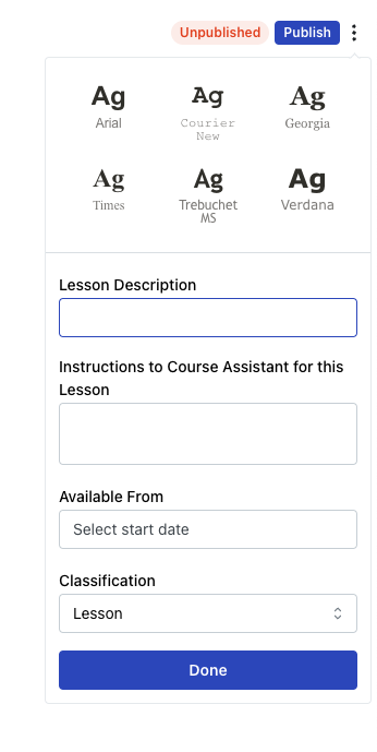 Lesson editor with publish button and triple dots menu