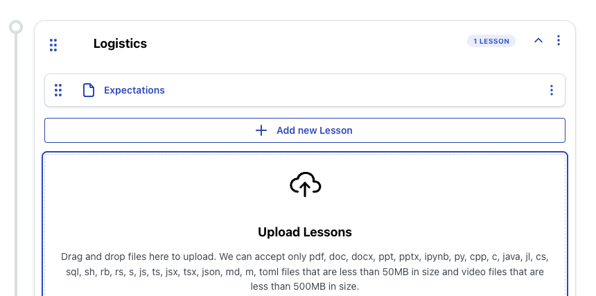 File upload dropzone for creating lessons