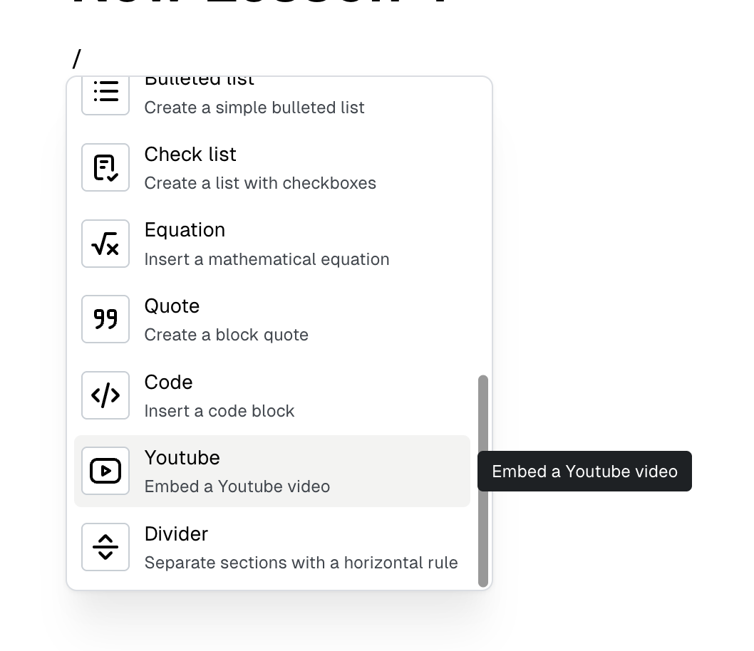 Editor node menu with YouTube option selected