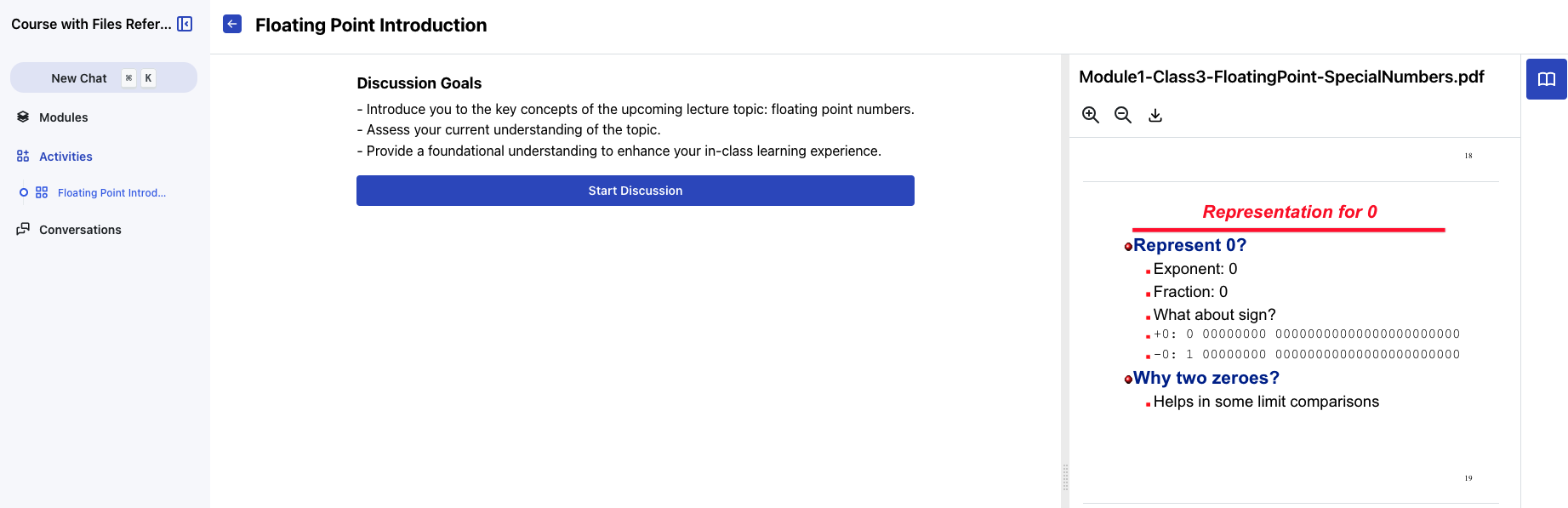 Activity entry page showing discussion goals and Start button