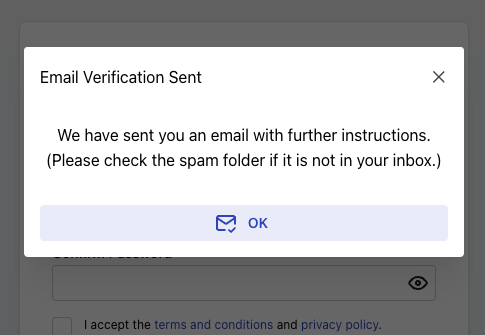 Account confirmation modal after successful signup