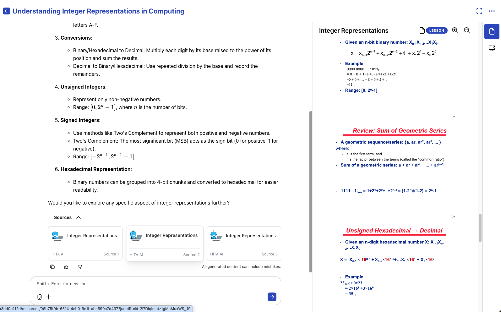 Chat conversation showing user question about integer representations and assistant response with lesson citation
