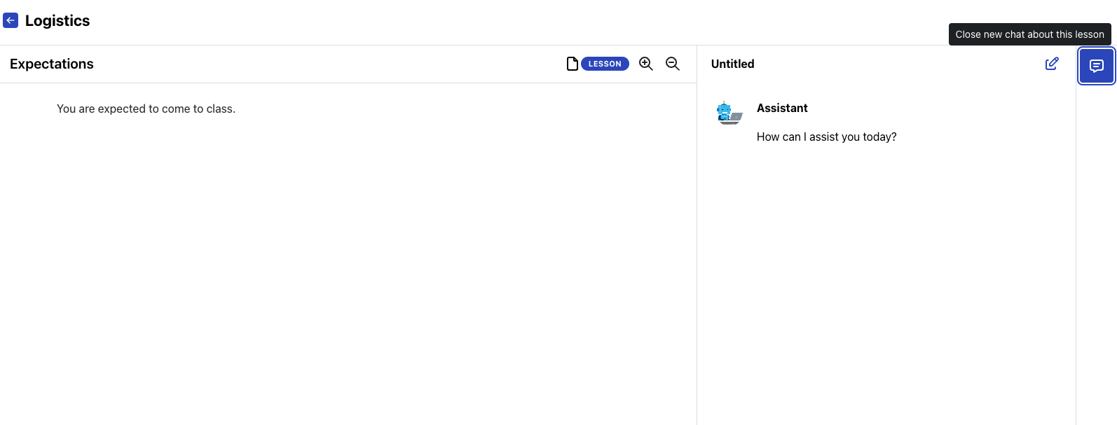 Lesson page with chat icon on the right side for opening lesson-specific chat