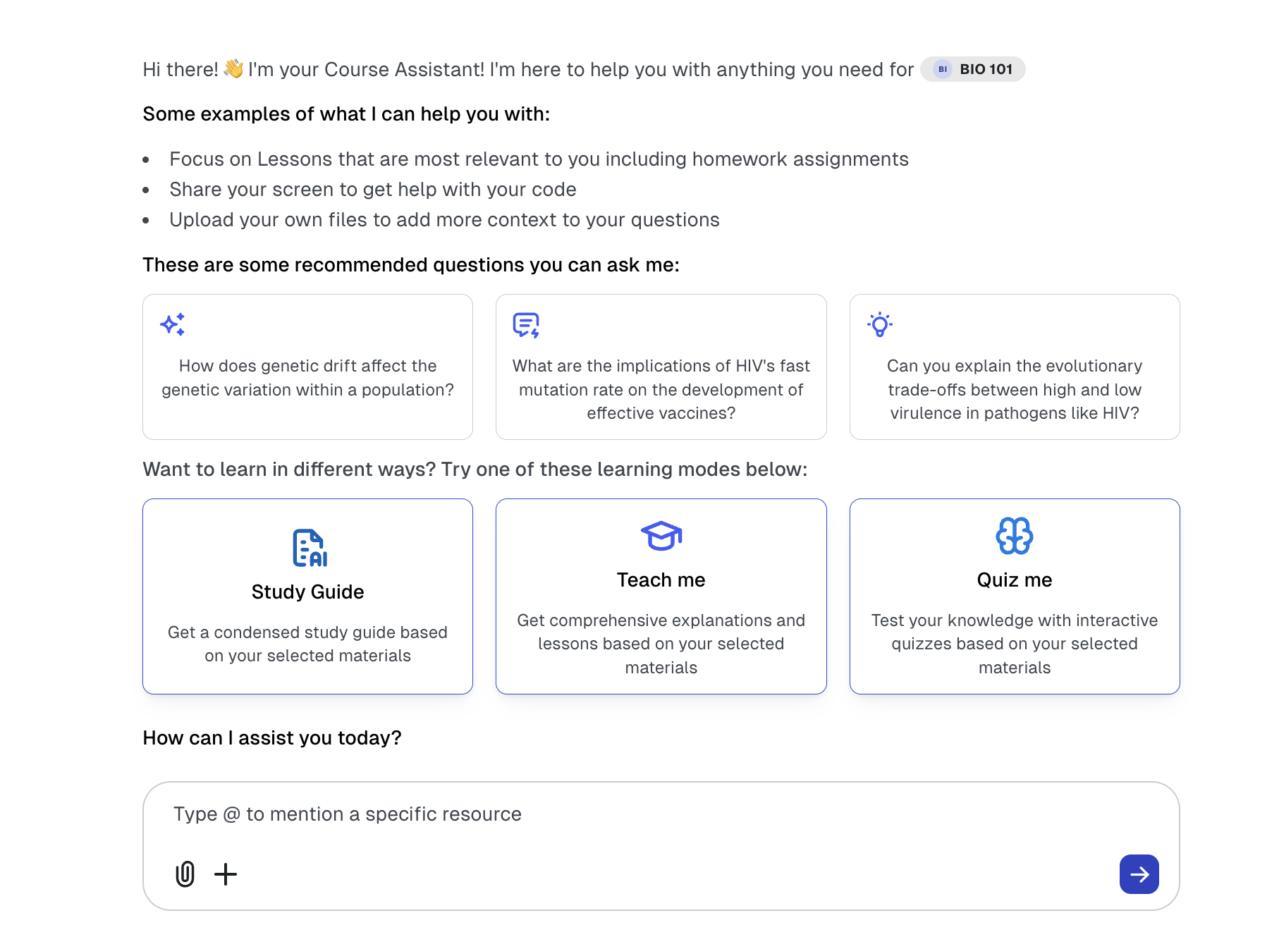 Three chat mode cards: Study Guide, Teach Me, and Quiz Me