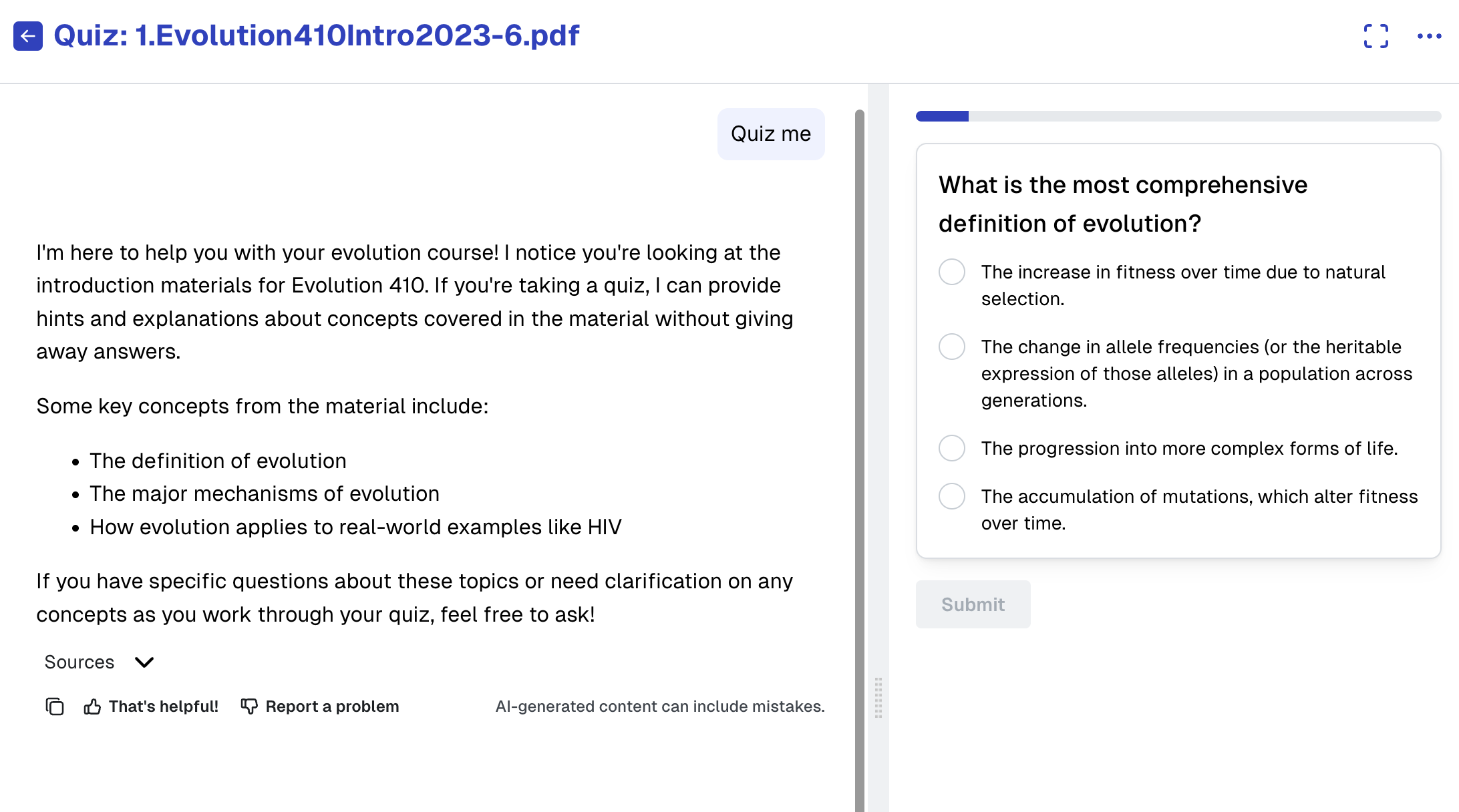 Right panel showing generated quiz with multiple choice questions