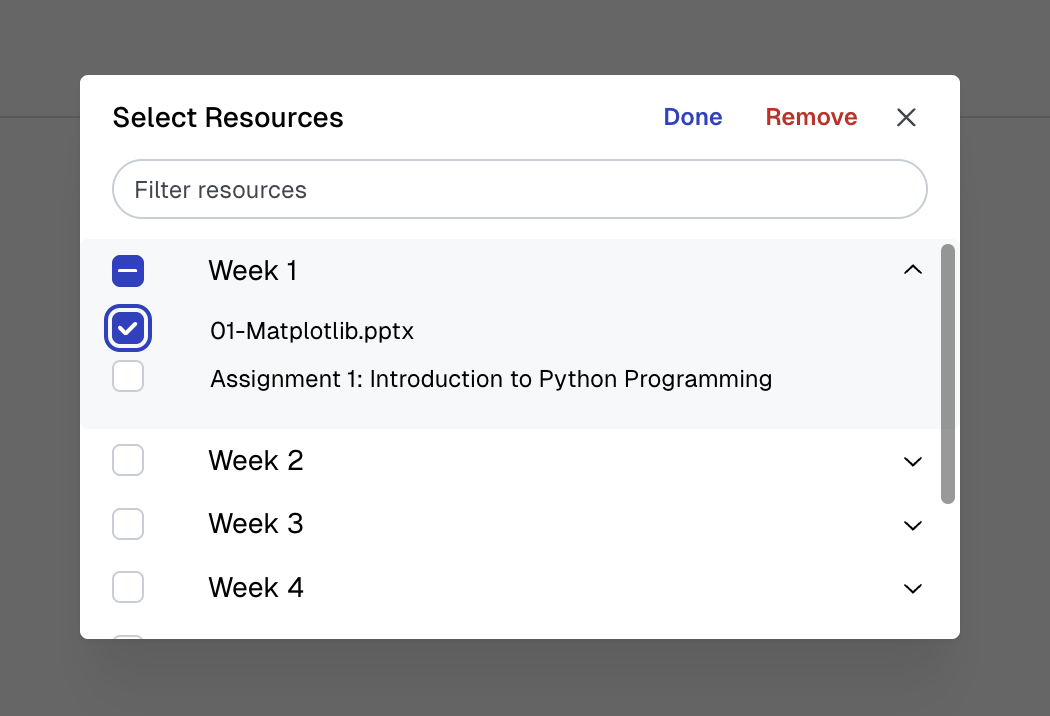 Resource selection interface showing available course materials